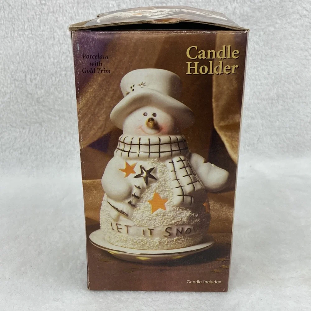 Christmas Let It Snow Ceramic Snowman Tea Light Holder with Plate NIB